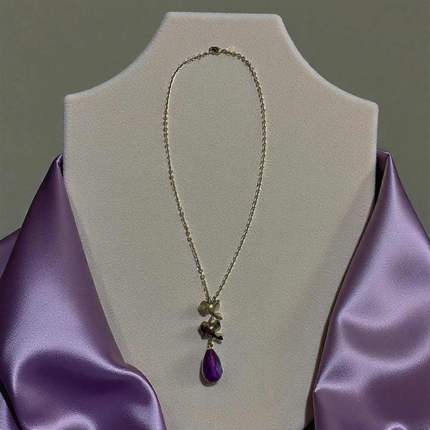 SAQ Silver Tone Floral Necklace with Purple Teardrop Pendant 10” Chain | Early 2000s