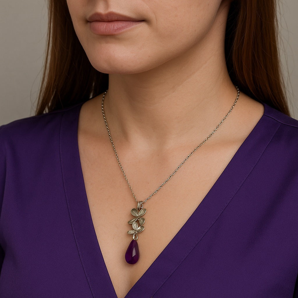 SAQ Silver Tone Floral Necklace with Purple Teardrop Pendant 10” Chain | Early 2000s