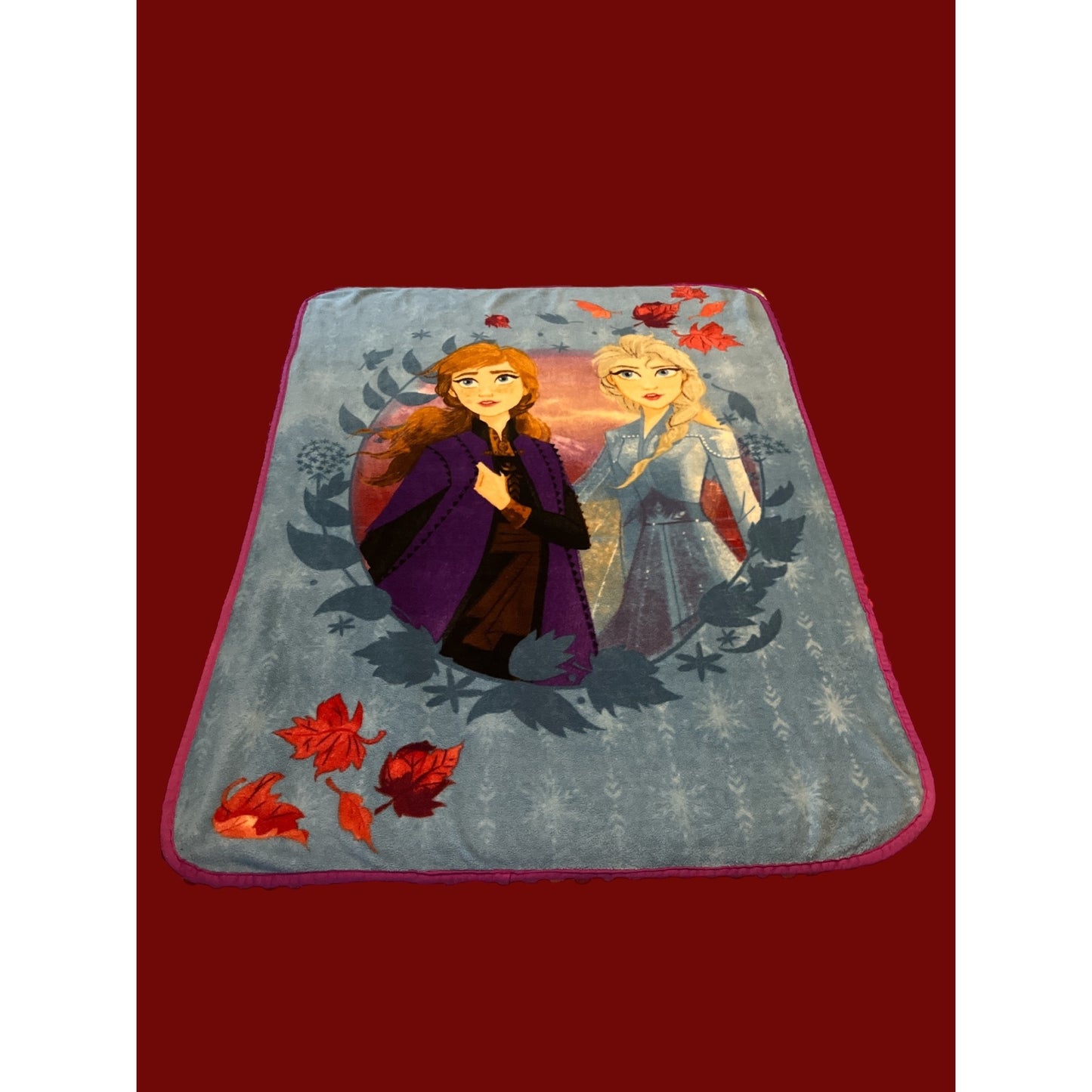 Disney Frozen II Fleece Blanket – Anna & Elsa – Blue with Red Trim – 50 x 40"