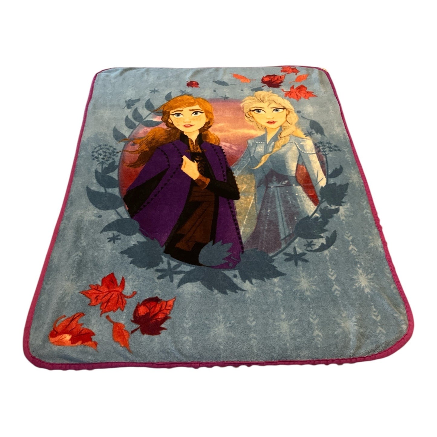 Disney Frozen II Fleece Blanket – Anna & Elsa – Blue with Red Trim – 50 x 40"