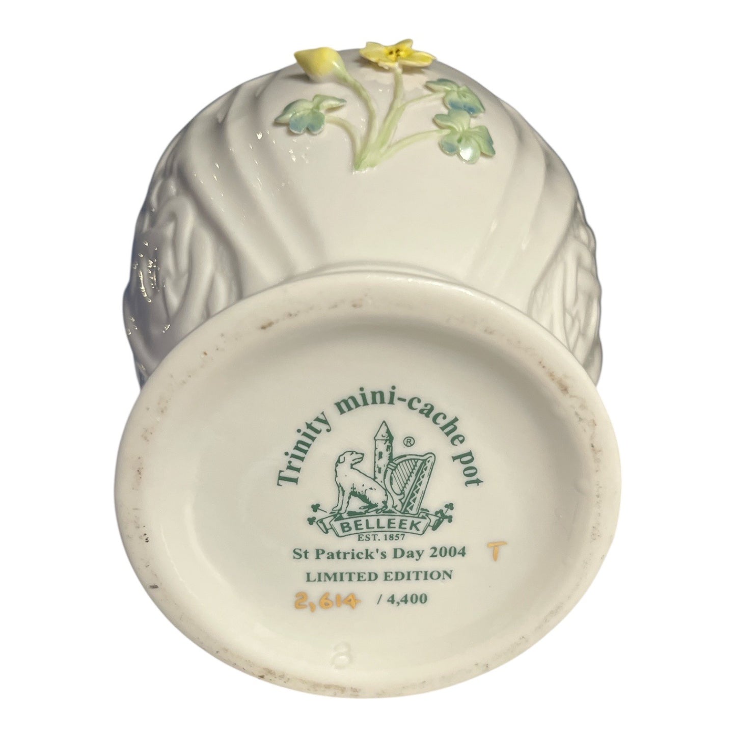 Belleek Trinity Mini-Cache Pot, St. Patrick’s Day 2004, Limited Edition #2614/4400 – Minor Flaw