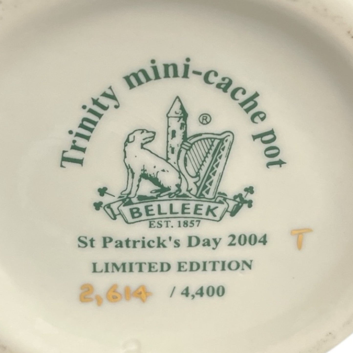 Belleek Trinity Mini-Cache Pot, St. Patrick’s Day 2004, Limited Edition #2614/4400 – Minor Flaw