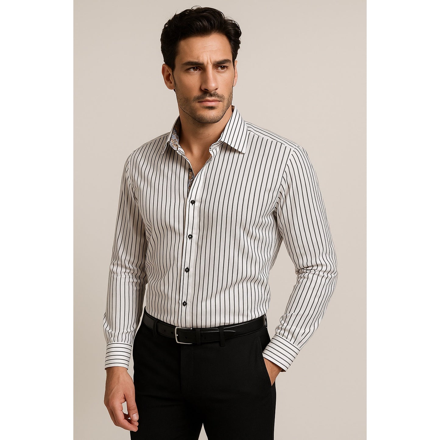 Vizoni Uomo Men’s XXXL Dress Shirt – Black & White Stripe with Paisley Trim – Modern Fit 48x32