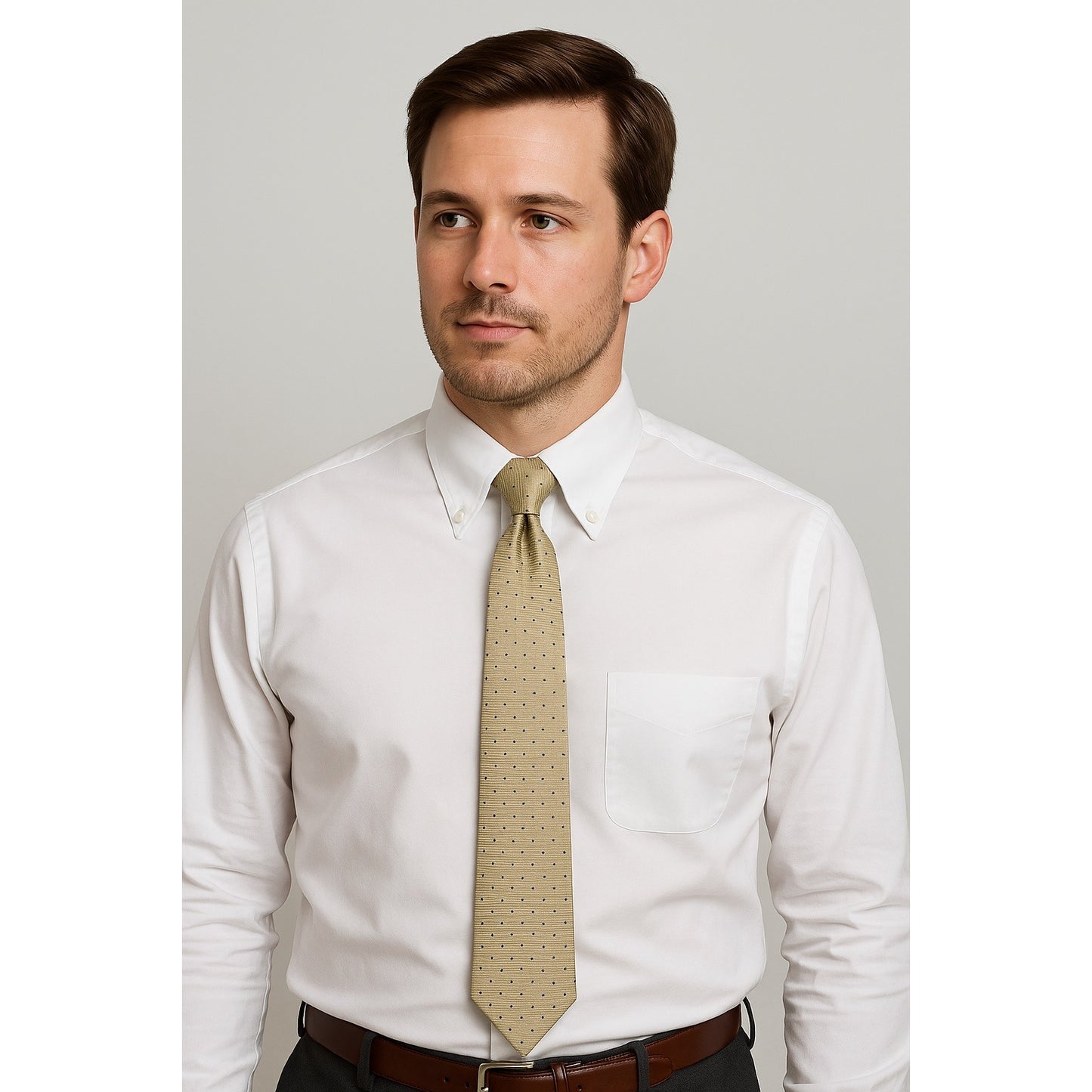 Barneys New York Silk Tie Beige Blue Dots Macclesfield Silk Made in USA 57 x 3