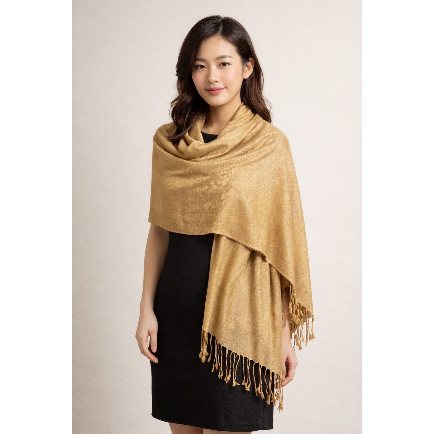D&Y Pashmina Scarf Gold Paisley Fringe Wrap Shawl 68x26