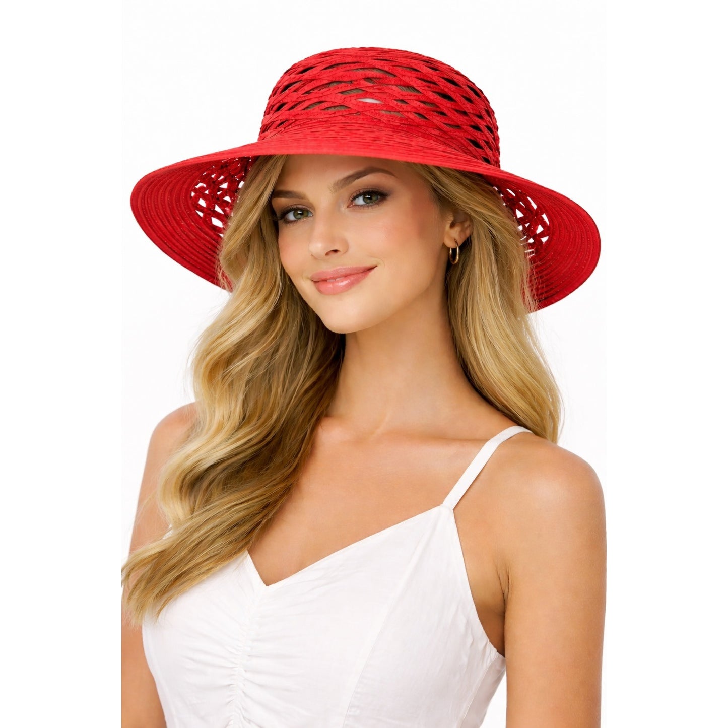 Nine West Red Open Weave Straw Sun Hat with Mesh Underlay OSFM NWT