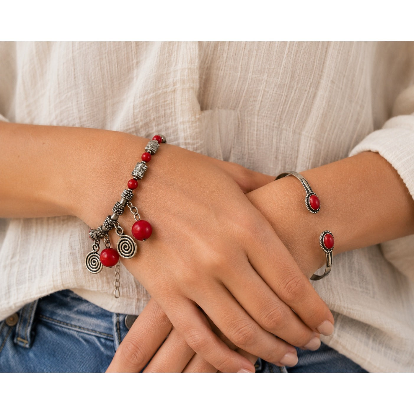 Vintage Southwestern Style Red Bead Bracelet & Cuff Bracelet Set Silver Tone Boho Jewelry