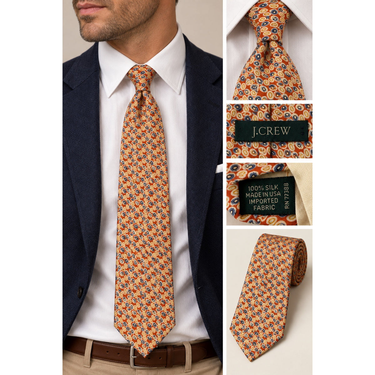 J.Crew 100% Silk Tie Handmade USA Burnt Orange Blue Geometric Print