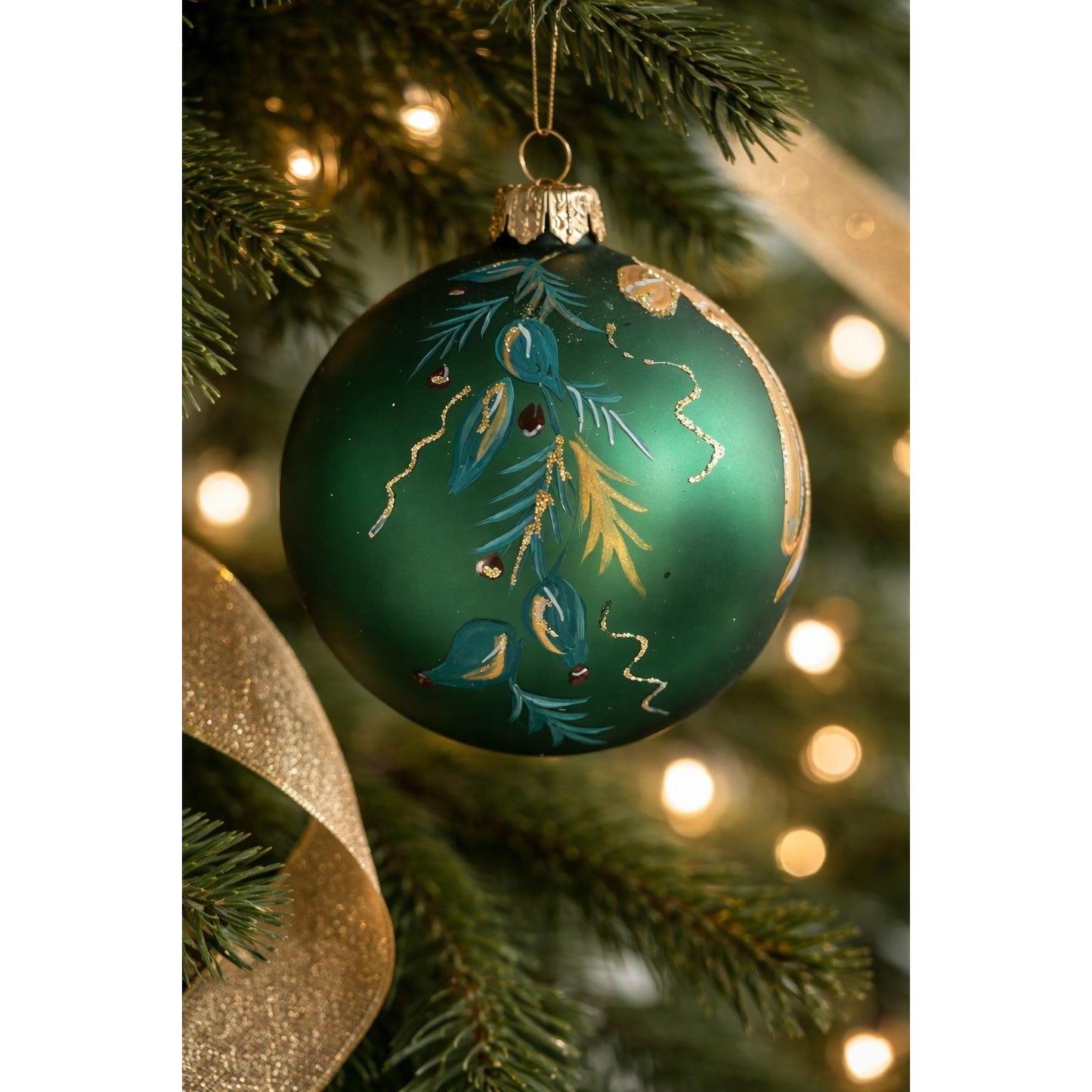 Vintage Italian Hand Blown Glass Christmas Ornament Green Hand Painted Italy 4 Inch