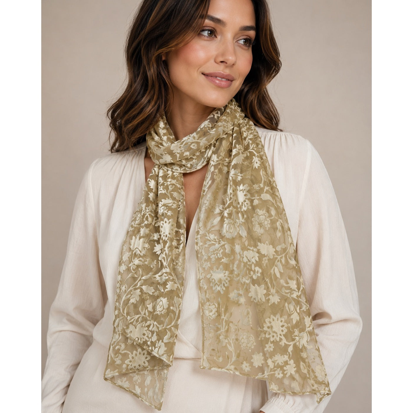 Vintage Champagne Flocked Floral Burnout Oblong Scarf Sheer Velvet 56 x 10