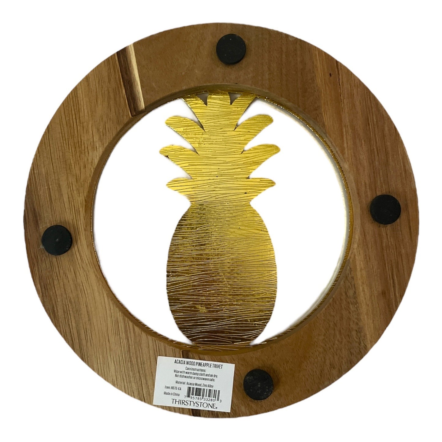 Thirstystone Acacia Wood Pineapple Trivet | Gold Zinc Alloy Inlay | 7.5" Round | Tropical Decor