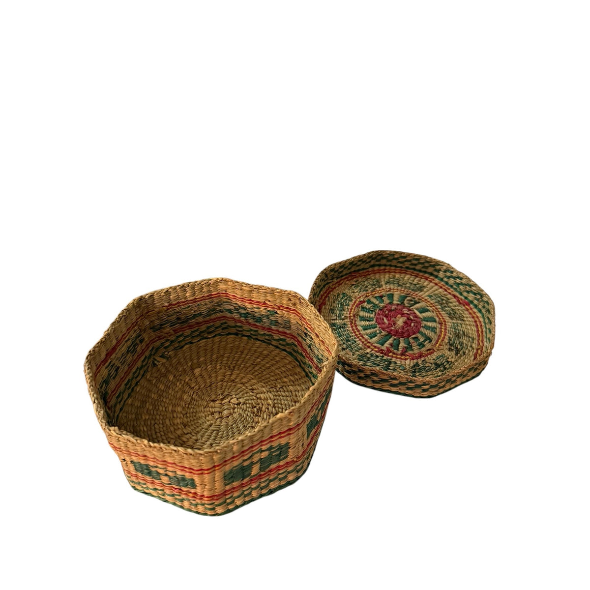 Vintage Handwoven Coiled Lidded Basket Red Green Geometric Folk Art 6"