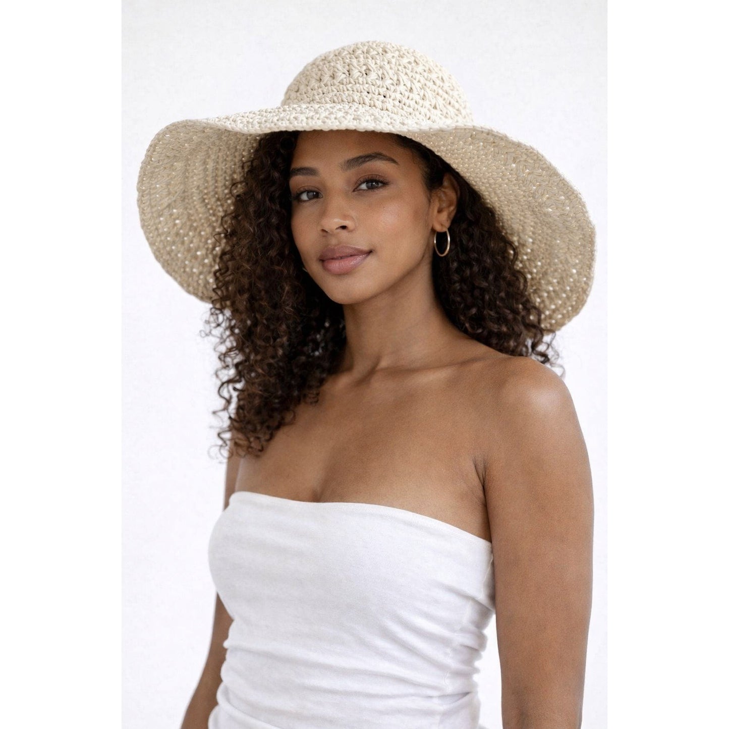Scala Pronto Crochet Straw Sun Hat Wide Brim Ivory One Size