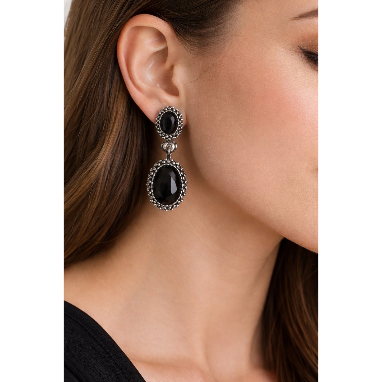 Vintage Black Faceted Drop Earrings Silver Tone Clip On 1.5 Inch