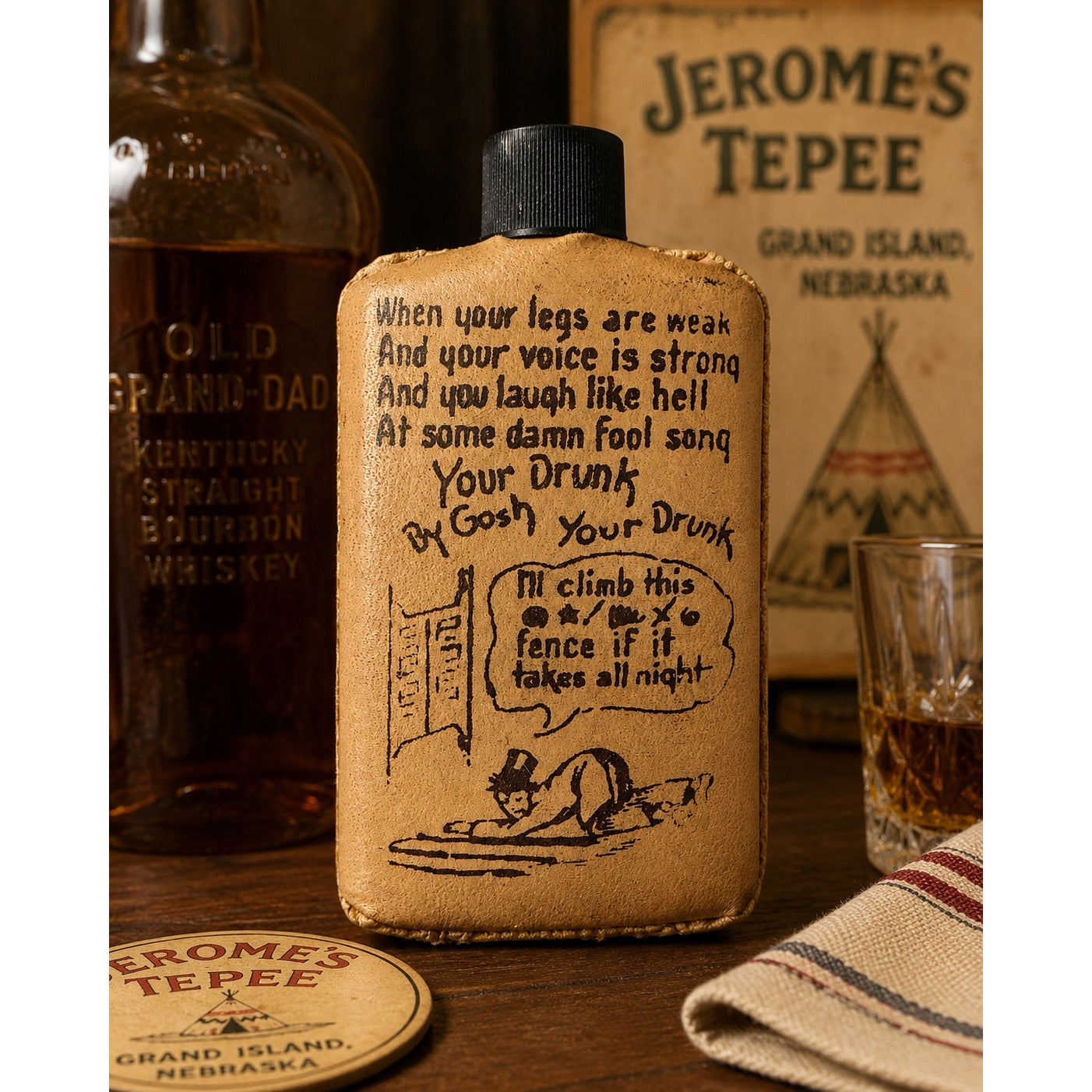 Vintage Jerome's Tepee Grand Island Nebraska Glass Flask Leather Covered Souvenir