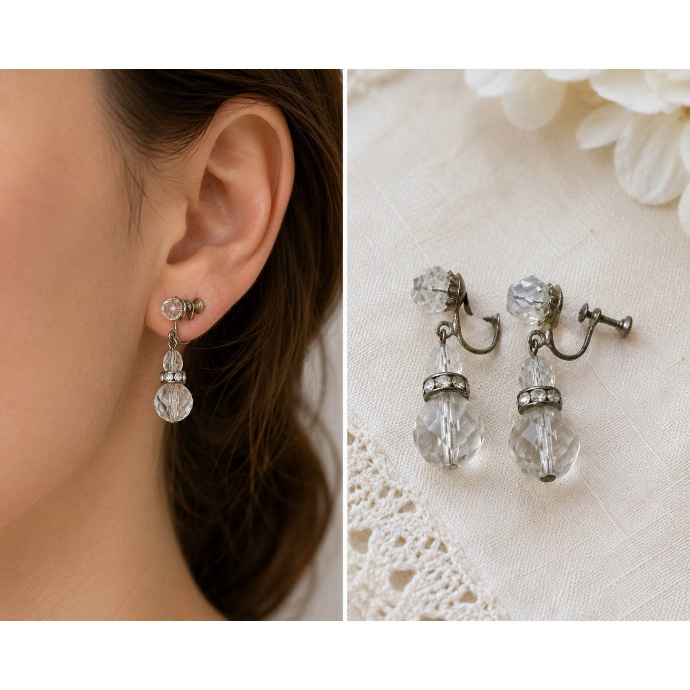 Vintage Faceted Glass Dangle Screwback Earrings Clear Rhinestone Silver Tone