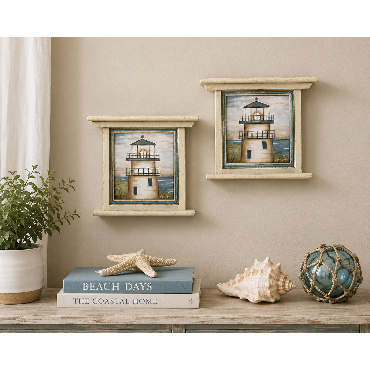 Set of 2 Dianne Lotter Lighthouse Wall Plaques Coastal Seascape Framed Shelf Ledge Art 8x6.5