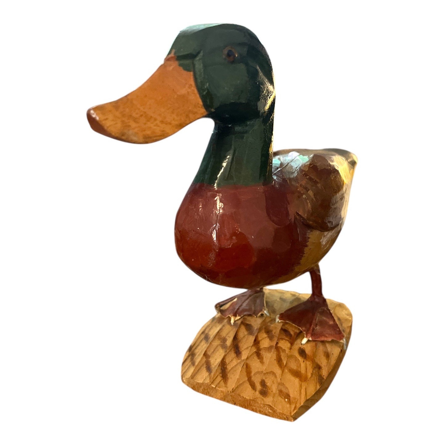 Mid Century Hand-Carved Wooden Mallard Duck Figurine – Rustic Folk Art Cabin Decor