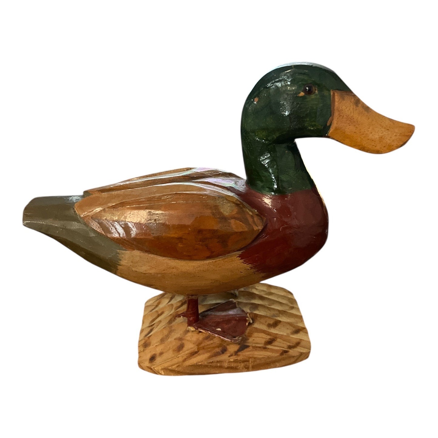Mid Century Hand-Carved Wooden Mallard Duck Figurine – Rustic Folk Art Cabin Decor