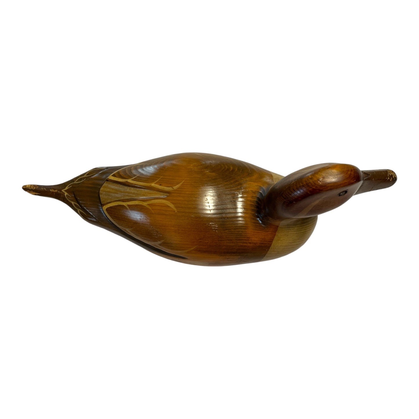 Vintage Wooden Duck Decoy – Hand-Carved by Creations by Branford – Rustic Folk Art Figurine with Painted Golden Accents – 17" Long