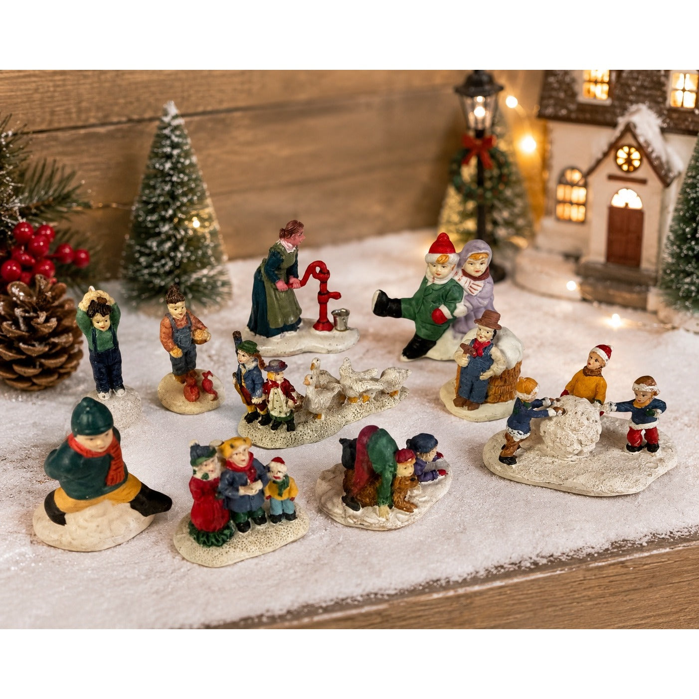 Lot of 10 Miniature Winter Village Christmas Figurines Children Geese Snow Scene Accessories