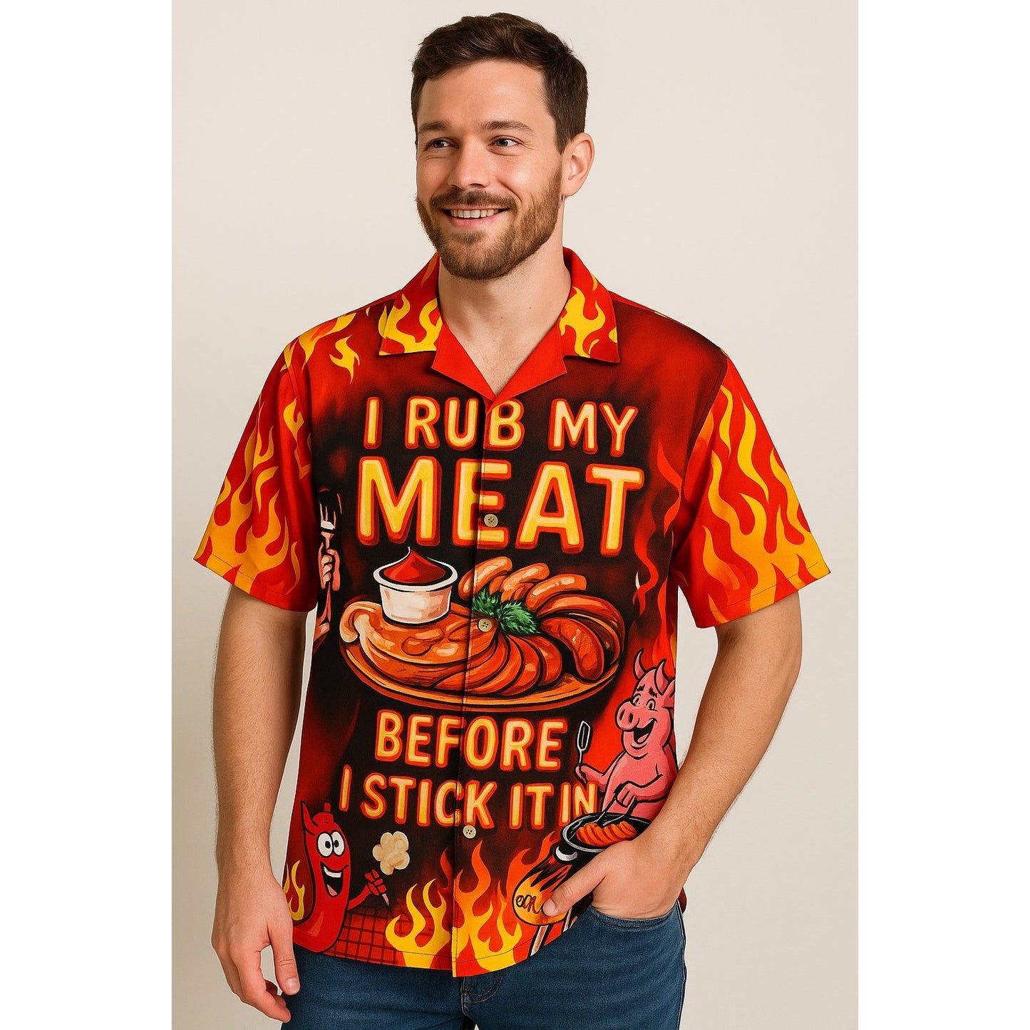 Funny BBQ Hawaiian Shirt 2XL Red Flames Grill Master Graphic