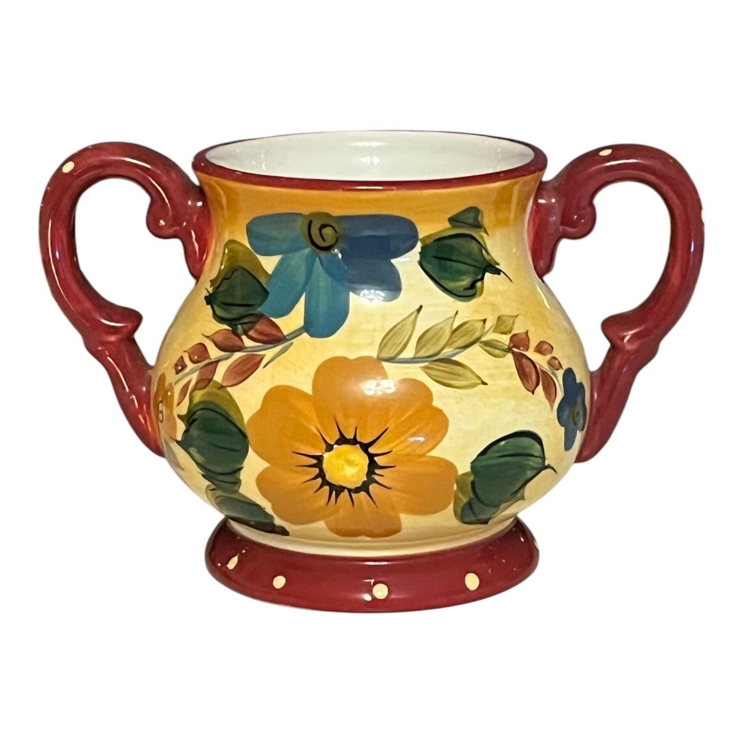 Oneida Kitchen Sunset Bouquet Sugar Bowl – Hand Painted Floral Stoneware – Dual Handles – 1990s