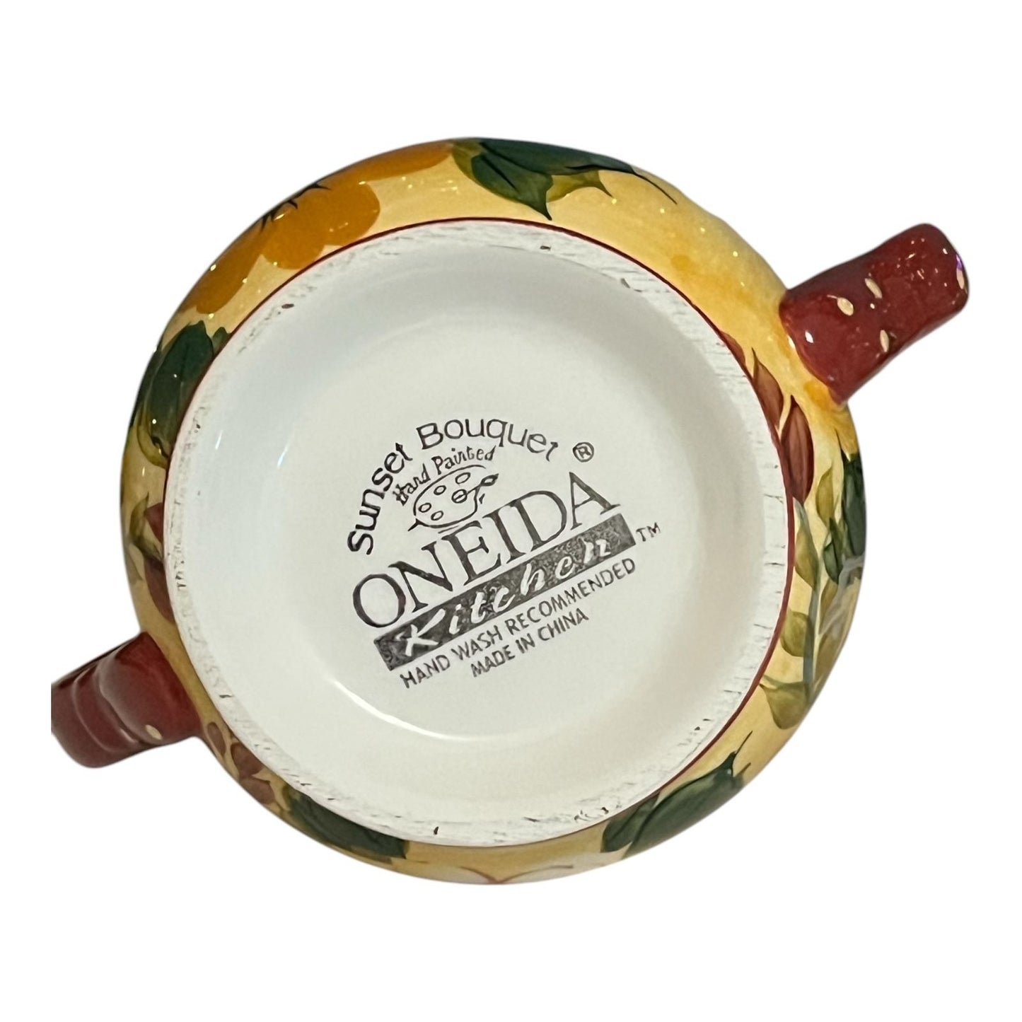 Oneida Kitchen Sunset Bouquet Sugar Bowl – Hand Painted Floral Stoneware – Dual Handles – 1990s