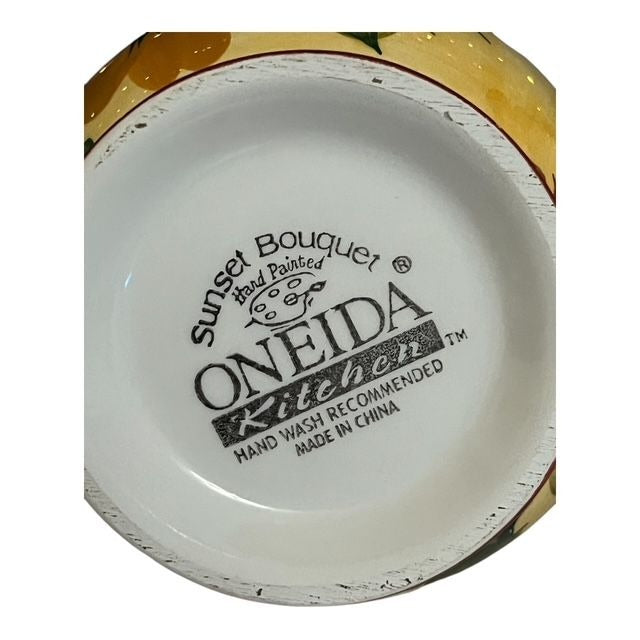 Oneida Kitchen Sunset Bouquet Sugar Bowl – Hand Painted Floral Stoneware – Dual Handles – 1990s