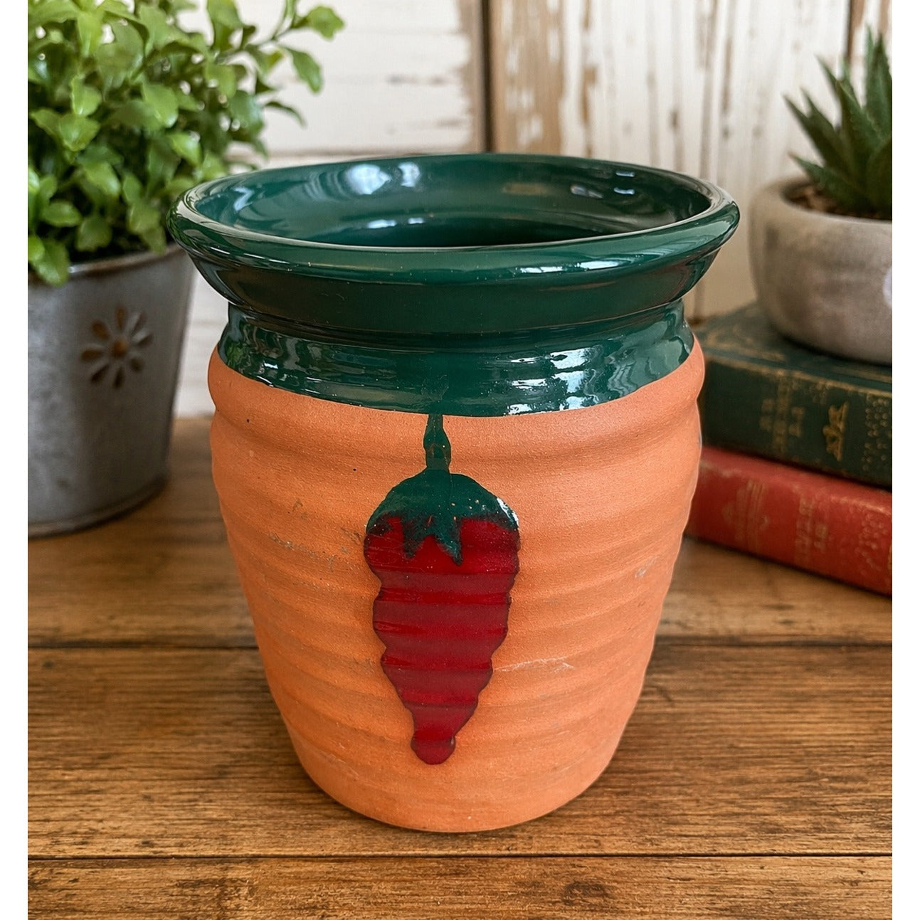 Vintage Signed Janic Fogel Studio Pottery Planter Chili Pepper Motif Hand Painted 5x4 1980s–1990s