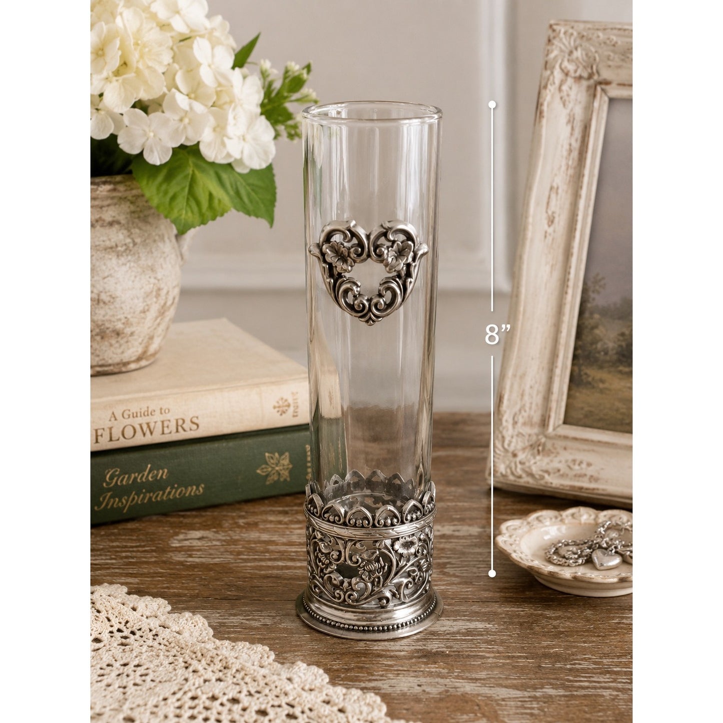 Brighton Silver Tone Heart Bud Vase Shot Glass Holder Ornate Floral Scrollwork