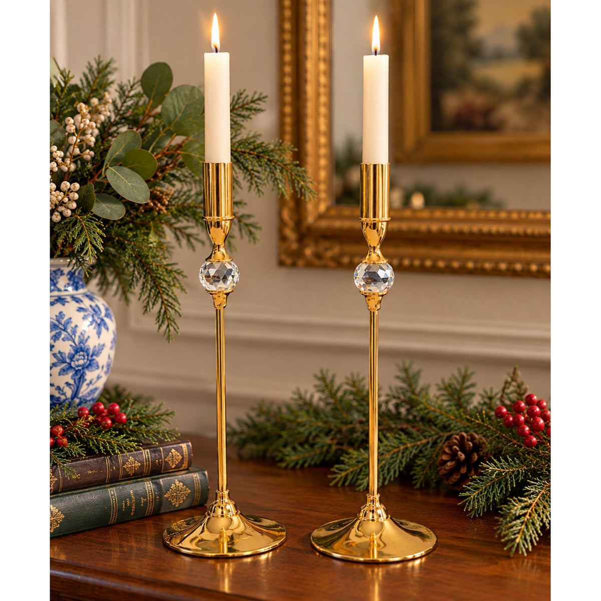 Vintage Valerio Albarello 24K Gold Plated Swarovski Crystal Candlesticks Pair 10 Inch