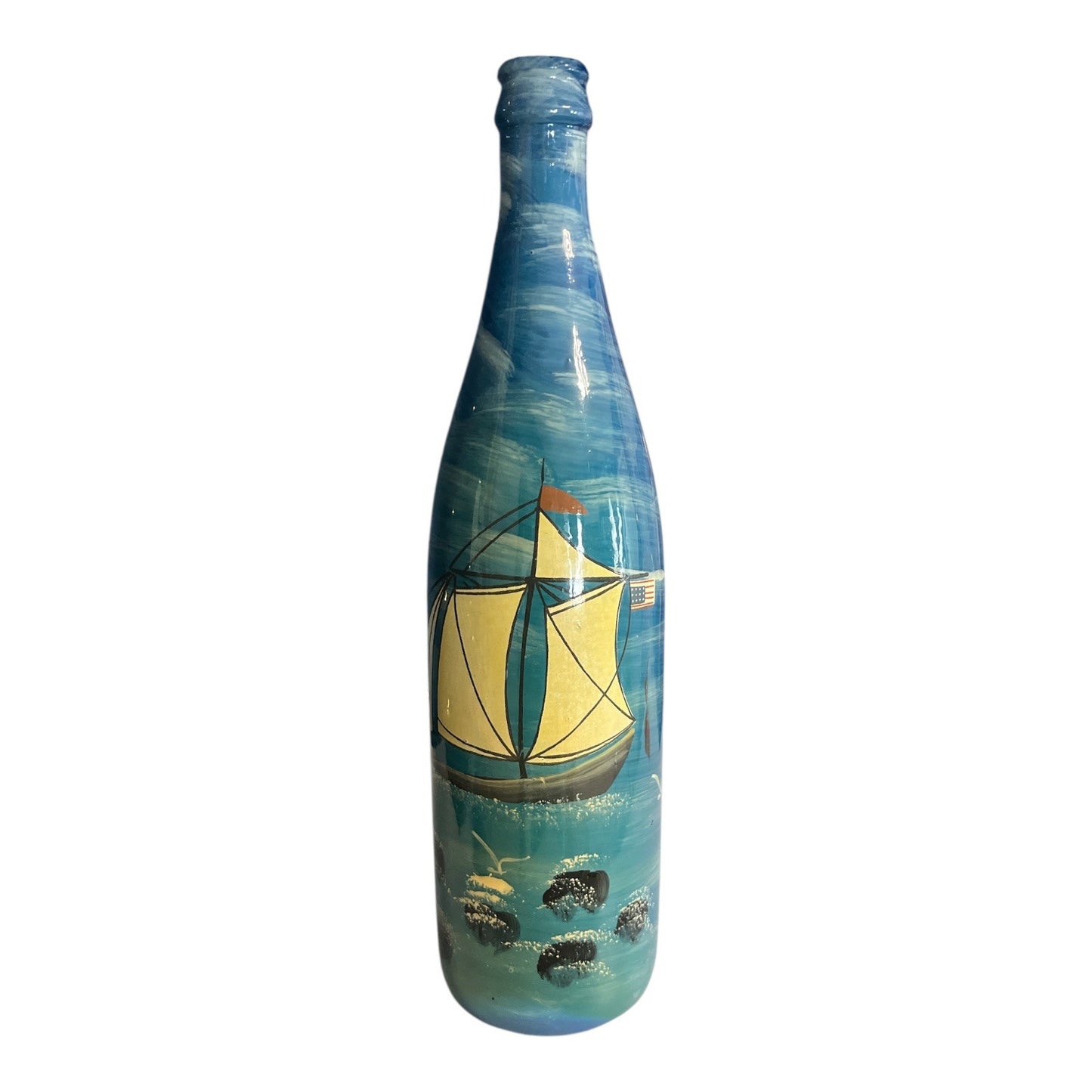 Hand-Painted Nautical Sailboat Decorative Bottle – St. Augustine 2003 – Coastal Art