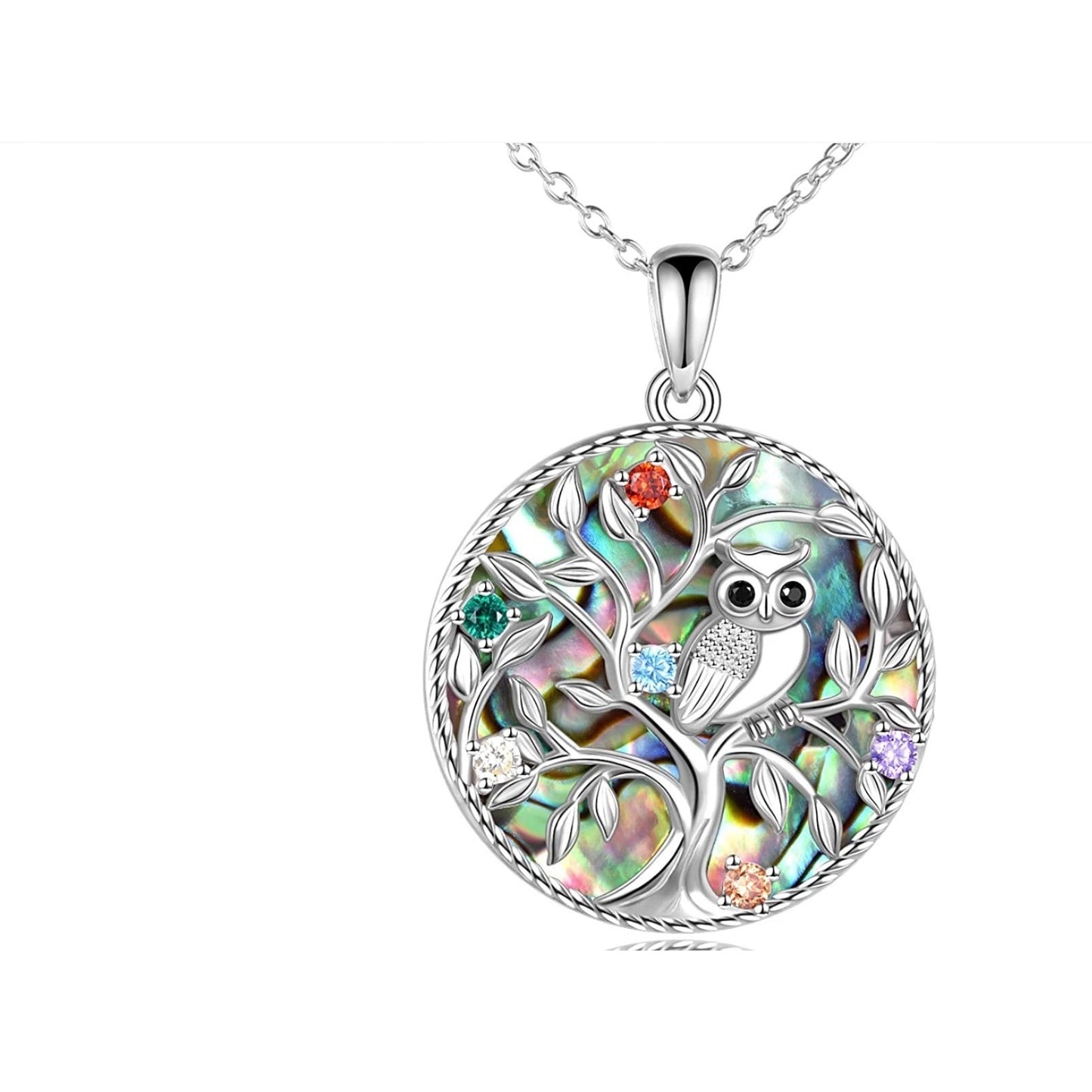 Tree of Life Owl Pendant Necklace with Abalone Shell Inlay & Multicolor Rhinestones