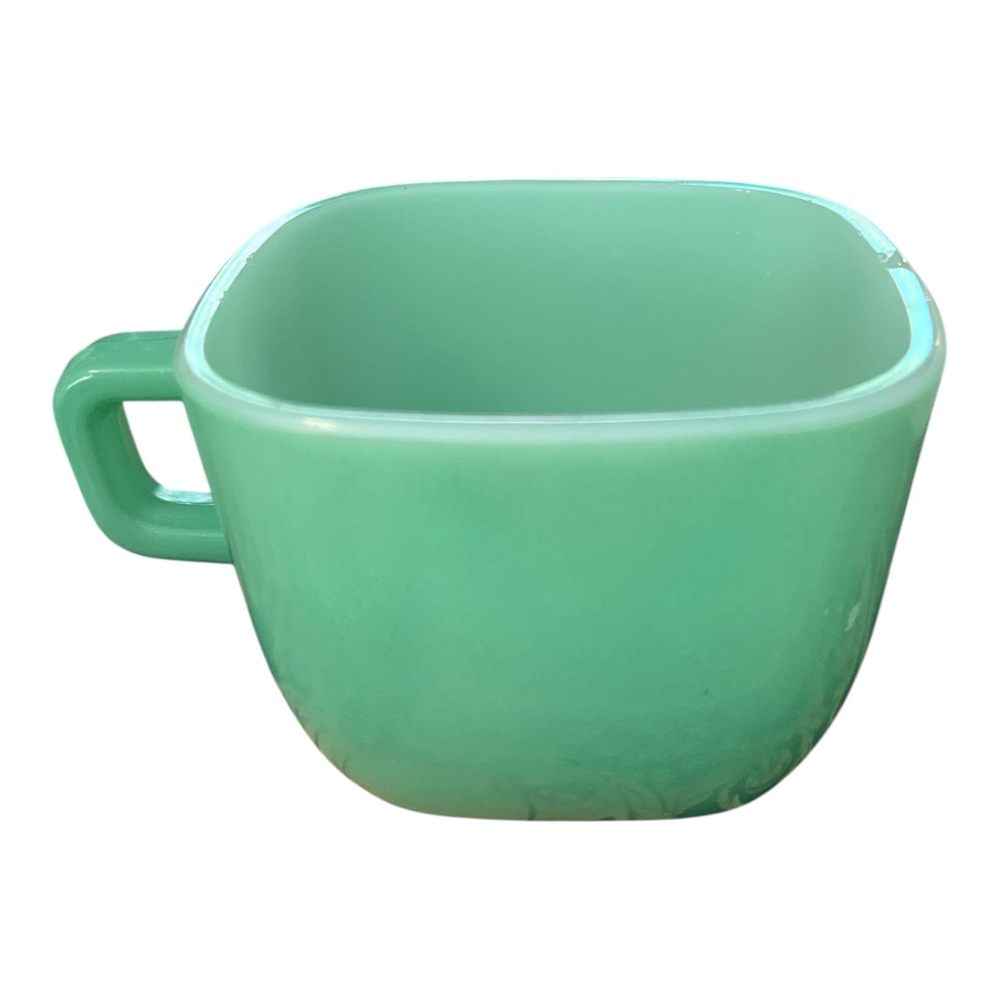 Vintage Glasbake Jadeite Square Coffee Cup | Green Milk Glass | Mid-Century D-Handle Mug