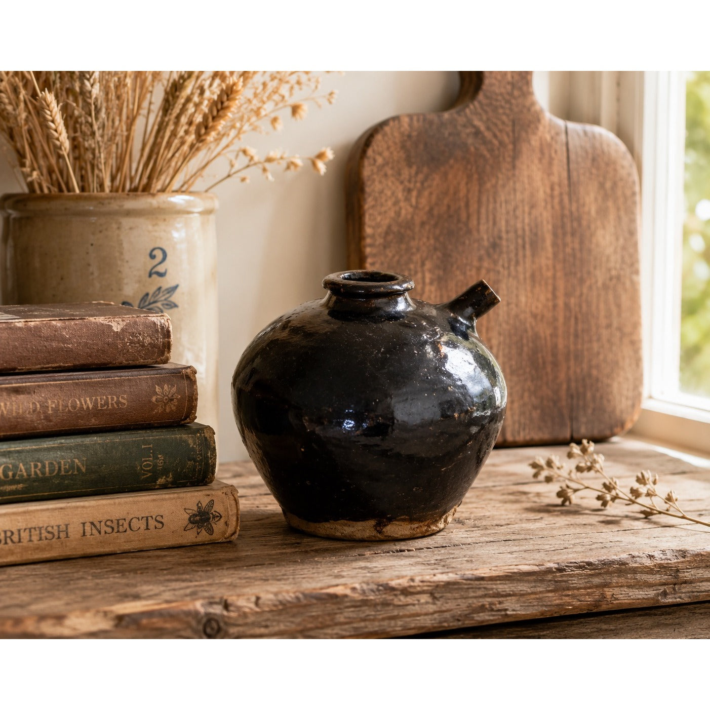 Vintage Studio Pottery Black Glazed Jug Vase Hand Thrown Rustic Ceramic Vessel