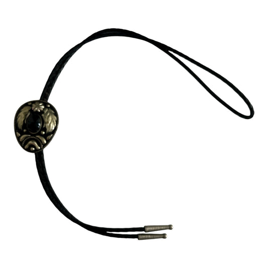 1980s Vintage Western Bolo Tie with Black Onyx-Style Stone and Gold Leaf Design – Braided Leather Cord
