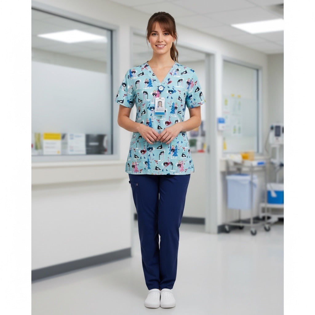 WonderWink Women’s Scrub Top Flamingo Print Aqua V-Neck Short Sleeve Size M