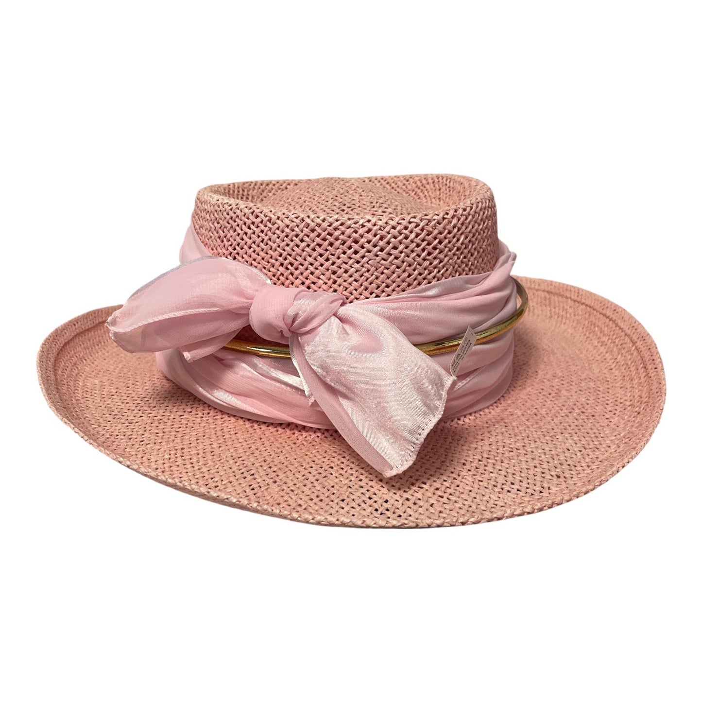 Vintage Pink Straw Hat with Sheer Scarf Wrap – Cushees S/M – Made in Mexico