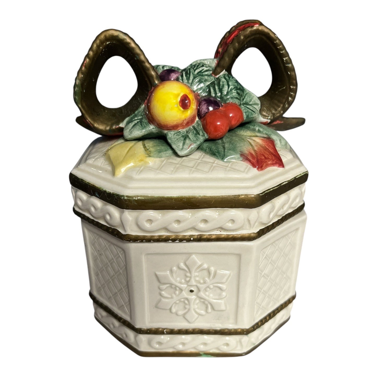 Fitz and Floyd Father Noel Octagon Lidded Box, Fruit & Ribbon Top, 1990s
