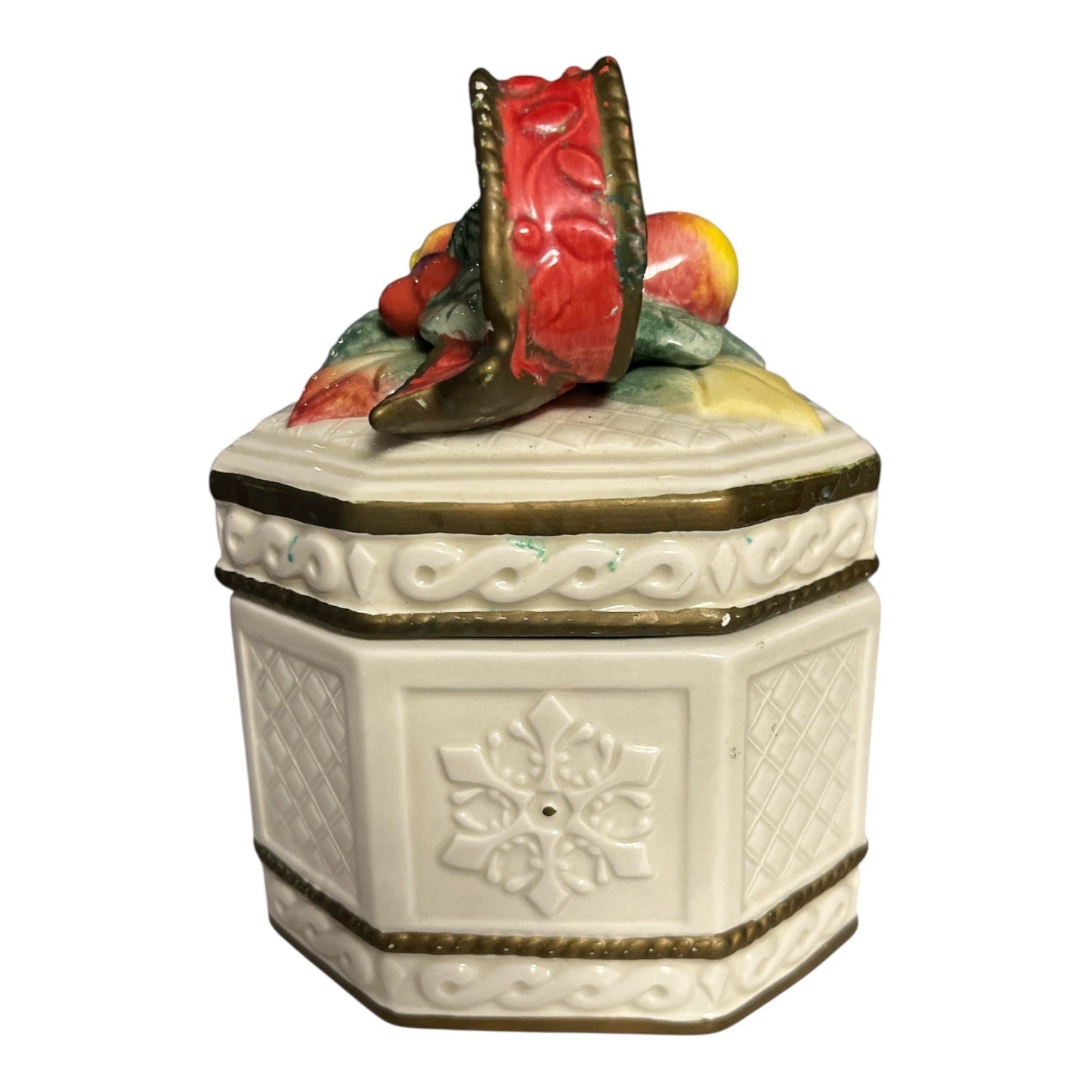 Fitz and Floyd Father Noel Octagon Lidded Box, Fruit & Ribbon Top, 1990s