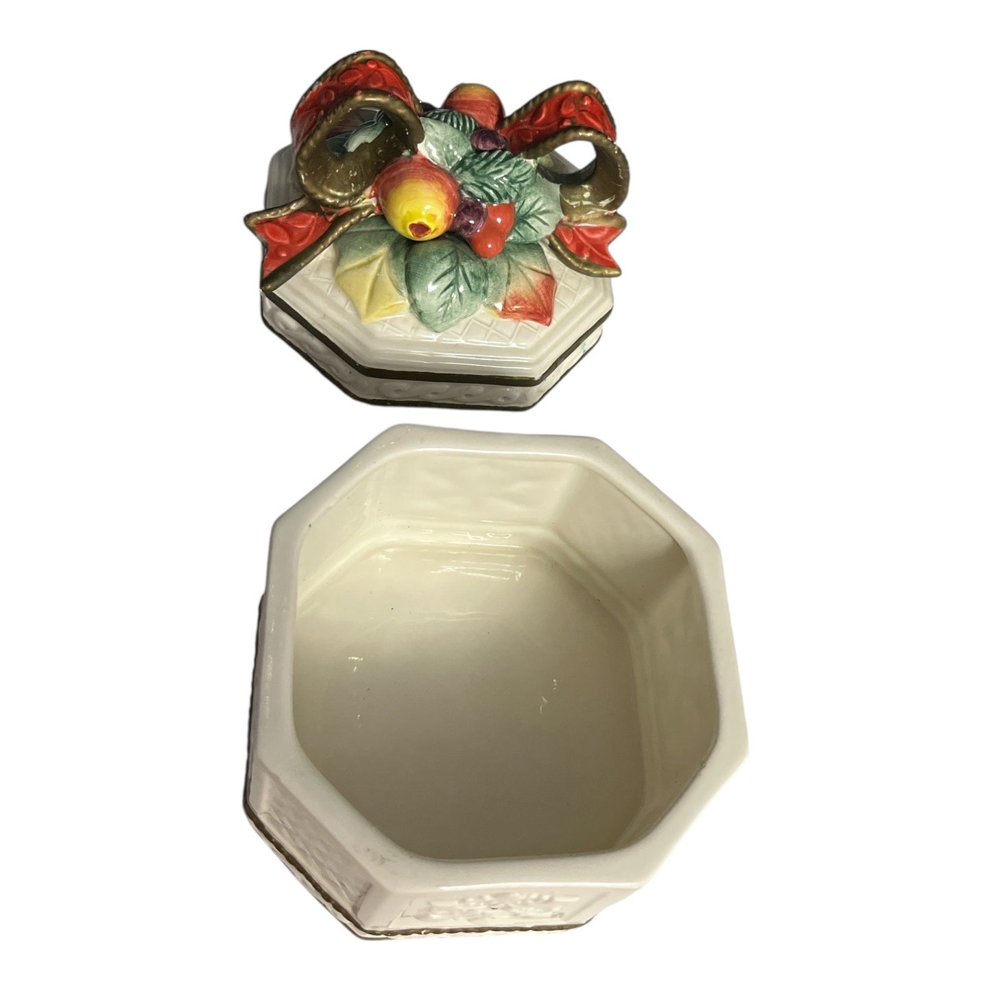 Fitz and Floyd Father Noel Octagon Lidded Box, Fruit & Ribbon Top, 1990s