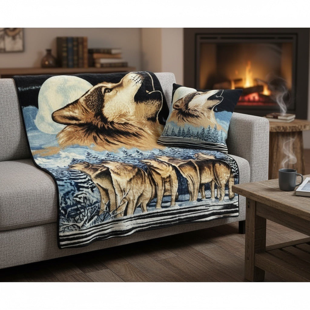 Vintage HAMA Wolf Blanket Made in Korea Super Soft Acrylic Large Throw