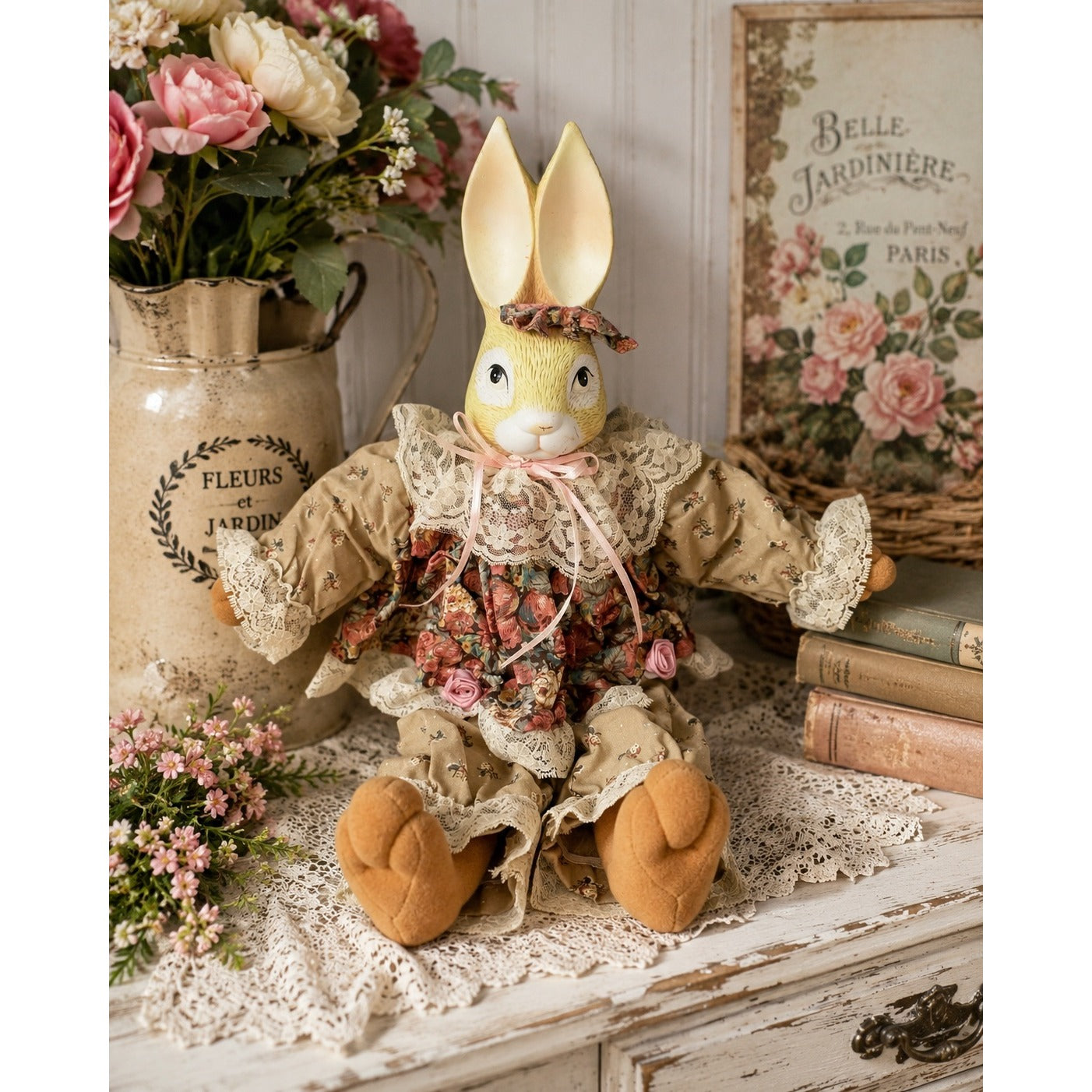 House of Lloyd Wendy Wabbit Bunny Rabbit Plush Doll Lace Floral Victorian Easter Decor 1993
