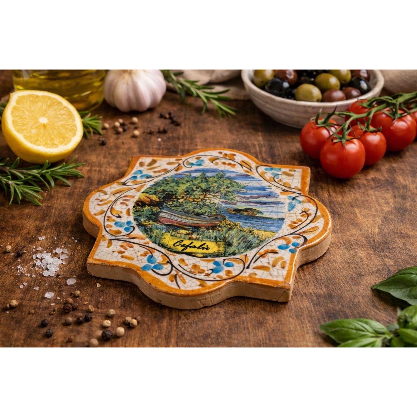Hand Painted Cefalù Sicily Ceramic Tile Trivet Wall Plaque 6 Inch Italian Coastal Scene