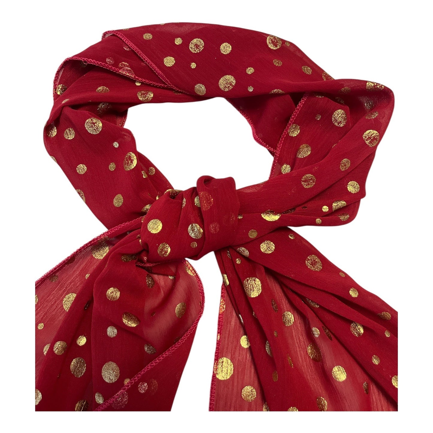 Amtal Red Sheer Scarf with Gold Polka Dots – 62” x 17” – Holiday Party Accessory – Lightweight Vintage Style Shawl