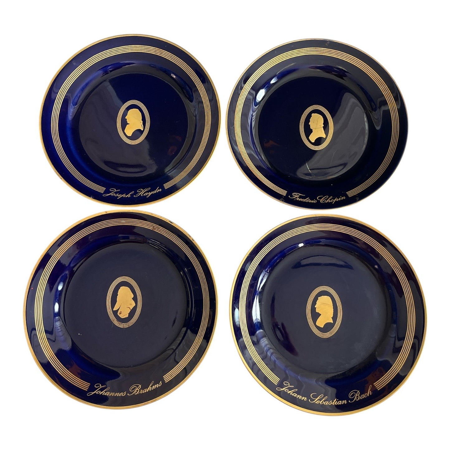 VTG 4 Bing & Grøndahl Copenhagen Porcelain Composer Plates – Cobalt Blue & 22K Gold