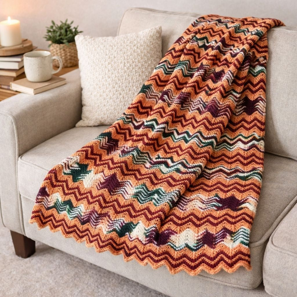 Vintage Hand-Knitted Chevron Blanket – 40 x 69 – Retro Zigzag Throw