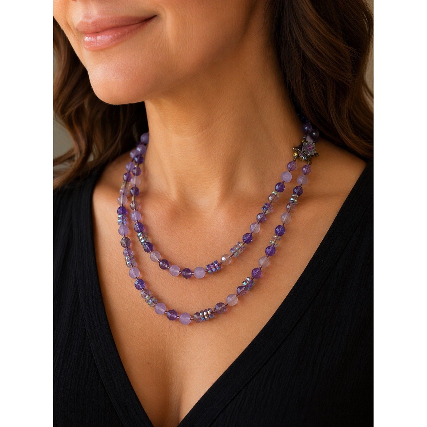 Vintage West Germany Purple Beaded Necklace Double Strand Glass 18 Inch