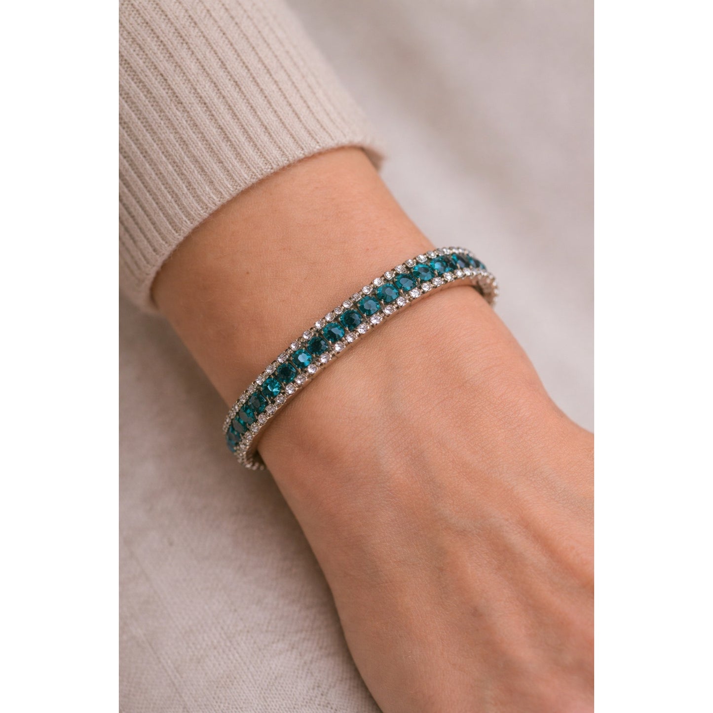 Vintage Blue Rhinestone Tennis Bracelet Double Row Silver Tone 6.5 Inch Retro